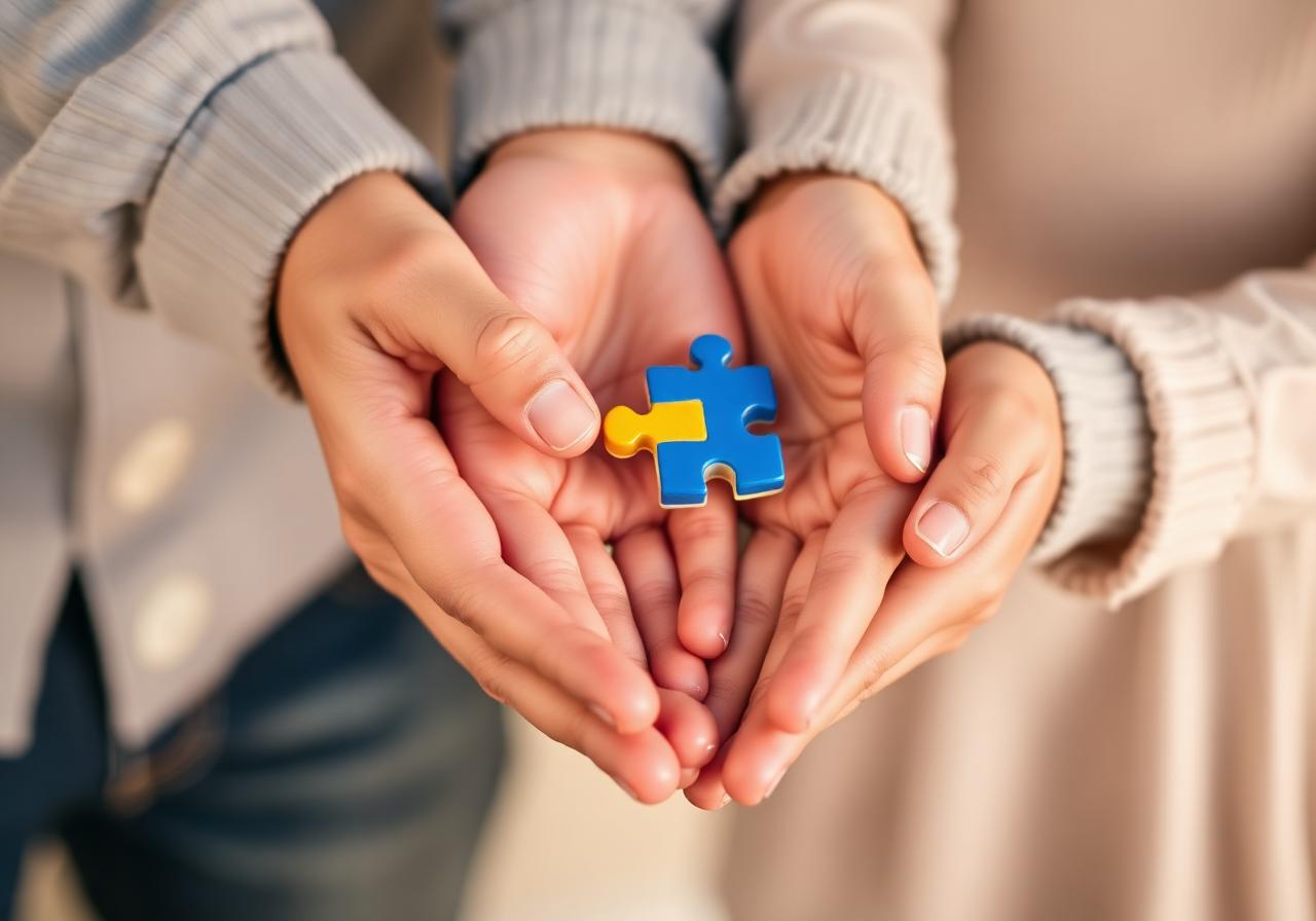 Mãos da família segurando uma peça de quebra-cabeça azul e amarela