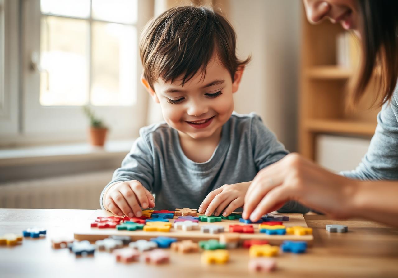 Criança autista brincando com peças de encaixe coloridas