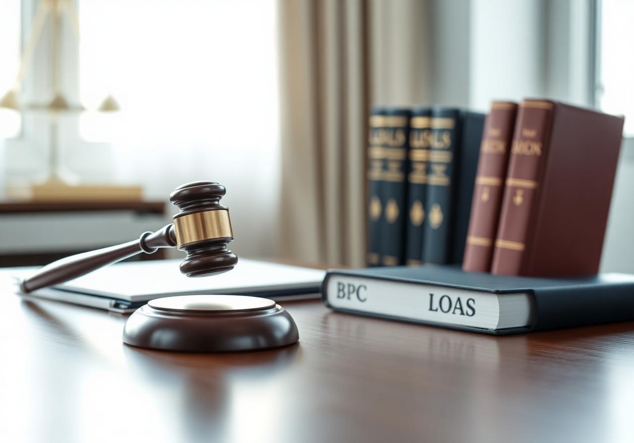 Mesa de escritório jurídico com livros sobre BPC e LOAS