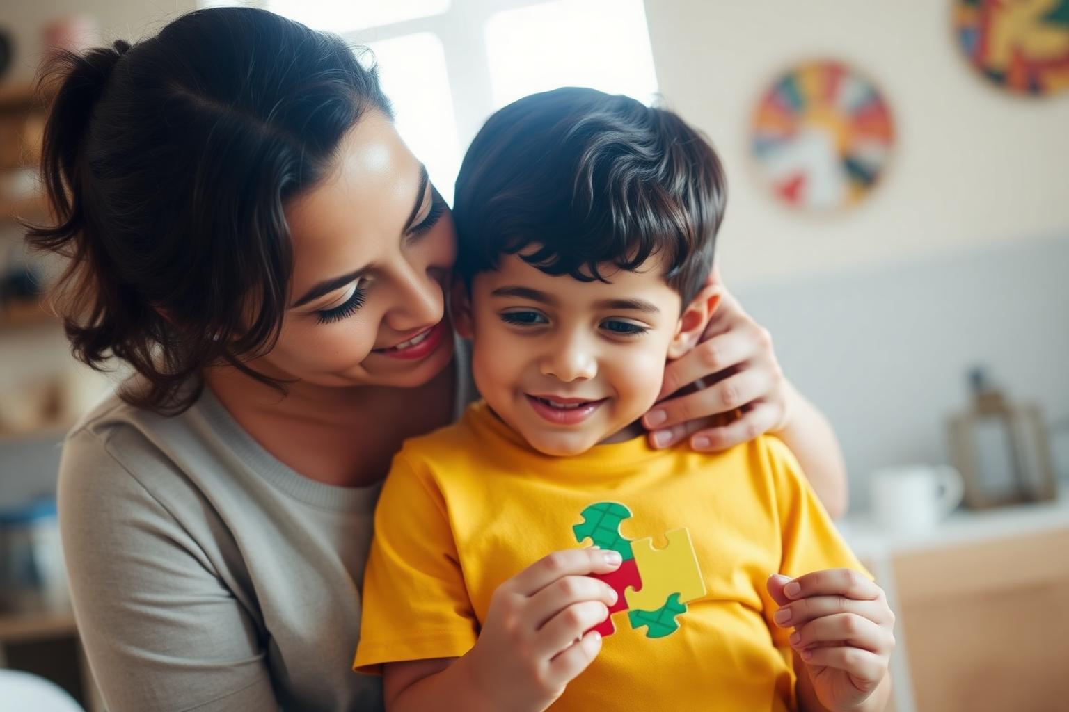 Mãe acolhendo seu filho autista